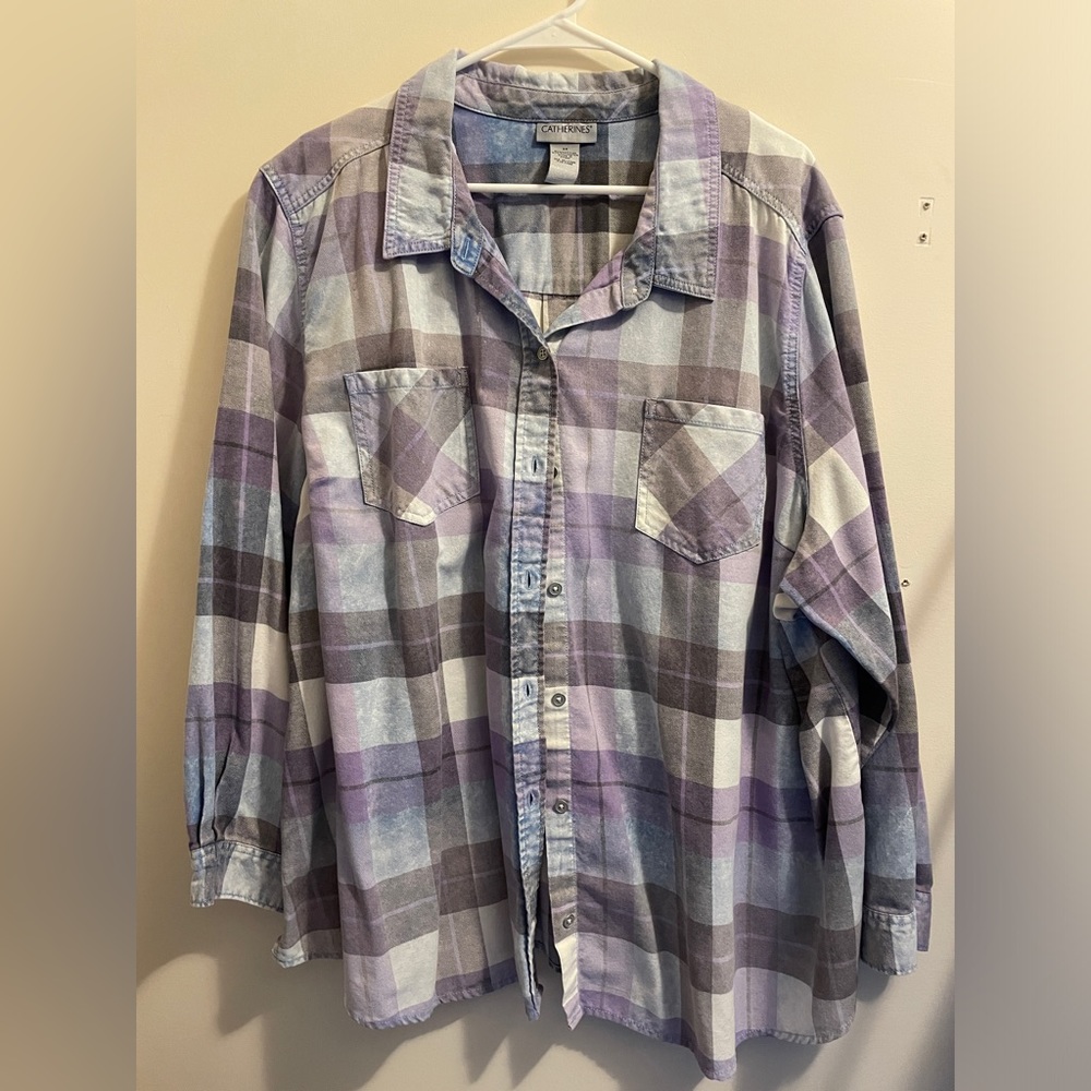 Catherine’s 3X Purple plaid long sleeve cotton button down